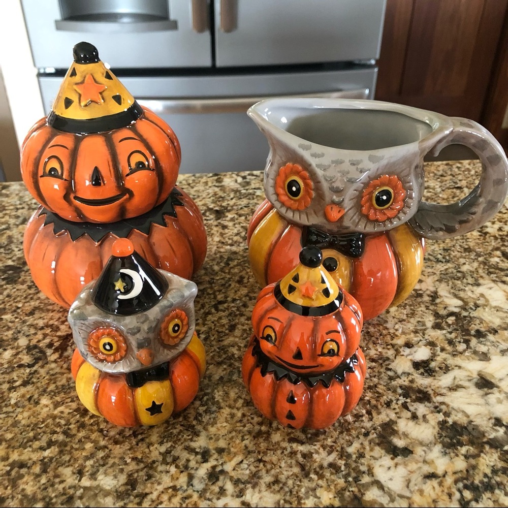 Johanna Parker fall/Halloween pumpkin and owl Cream & Sugar and Salt & Pepper.